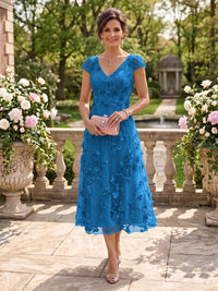 Tea Length V Neck Tulle Cap Sleeves Mother of the Bride/Groom Dresses
