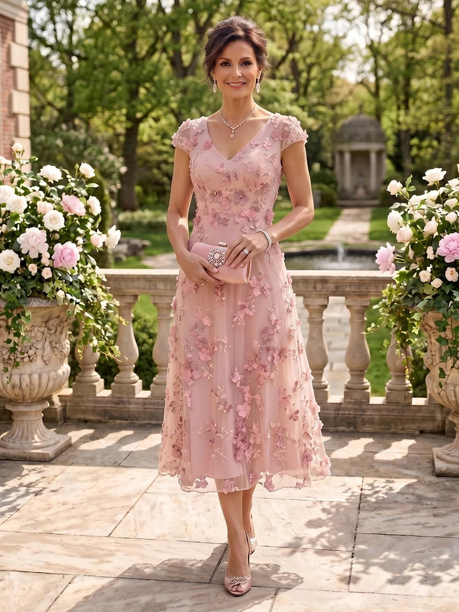 Tea Length V Neck Tulle Cap Sleeves Mother of the Bride/Groom Dresses