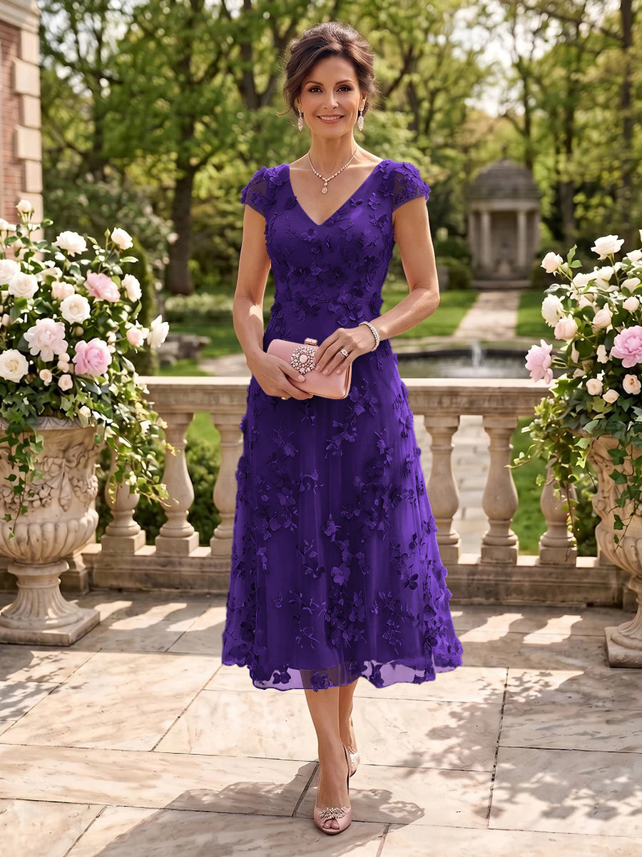 Tea Length V Neck Tulle Cap Sleeves Mother of the Bride/Groom Dresses