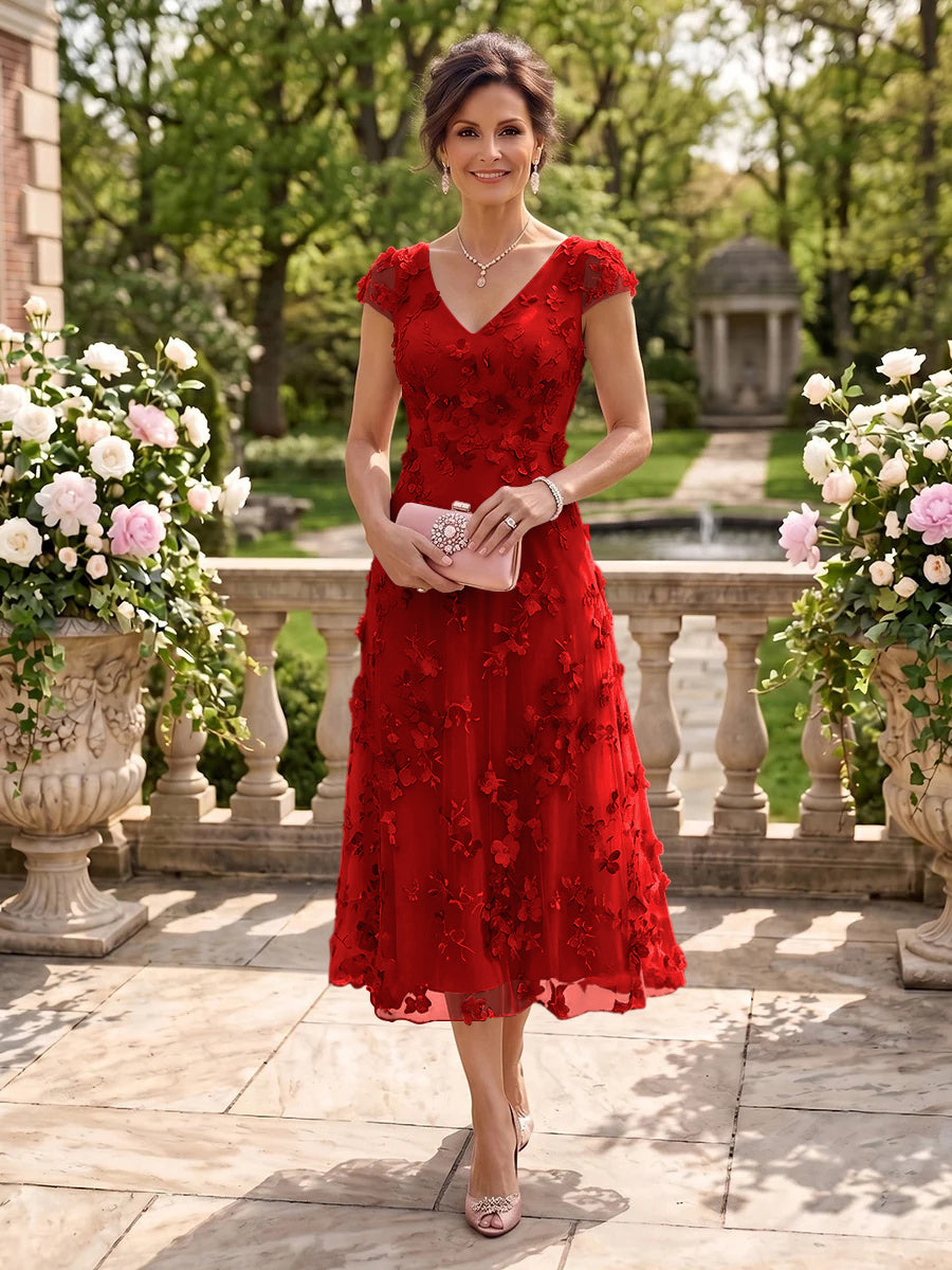 Tea Length V Neck Tulle Cap Sleeves Mother of the Bride/Groom Dresses