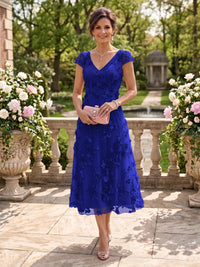 Tea Length V Neck Tulle Cap Sleeves Mother of the Bride/Groom Dresses