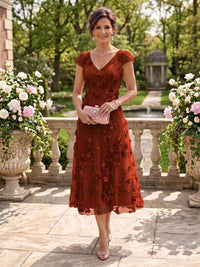 Tea Length V Neck Tulle Cap Sleeves Mother of the Bride/Groom Dresses