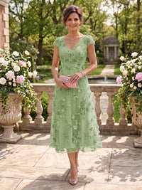 Tea Length V Neck Tulle Cap Sleeves Mother of the Bride/Groom Dresses