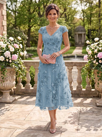 Tea Length V Neck Tulle Cap Sleeves Mother of the Bride/Groom Dresses