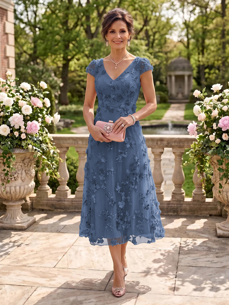 Tea Length V Neck Tulle Cap Sleeves Mother of the Bride/Groom Dresses