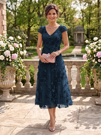 Tea Length V Neck Tulle Cap Sleeves Mother of the Bride/Groom Dresses