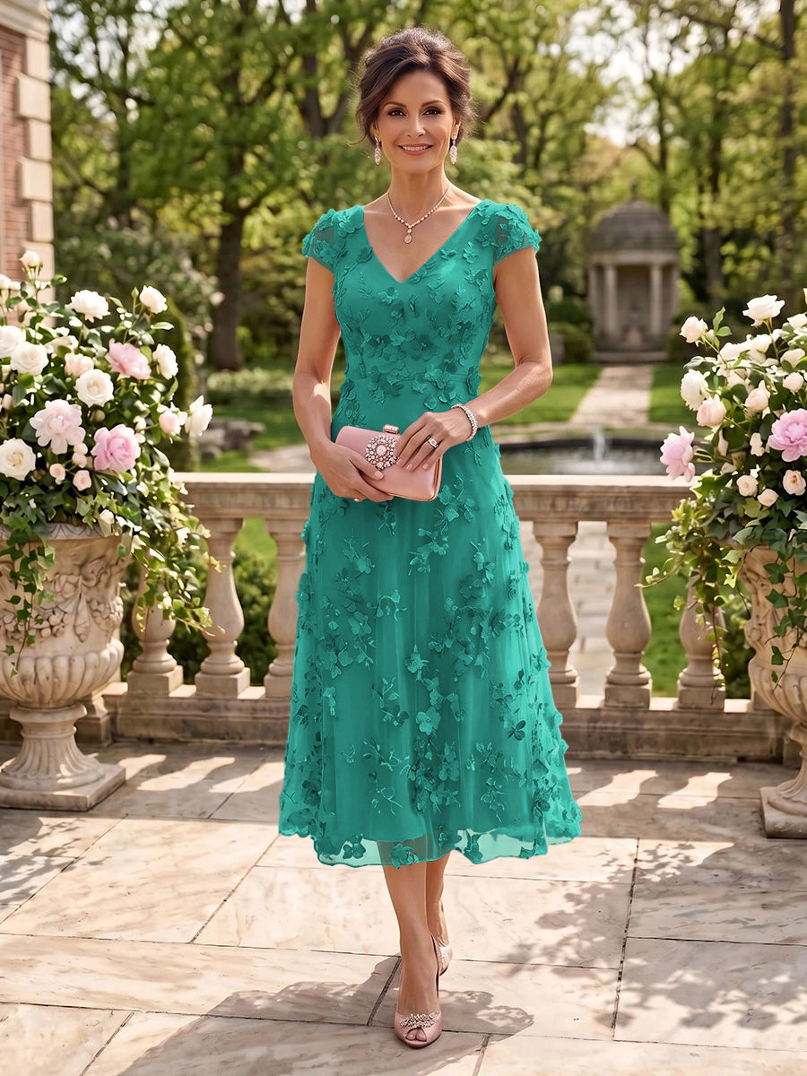 Tea Length V Neck Tulle Cap Sleeves Mother of the Bride/Groom Dresses