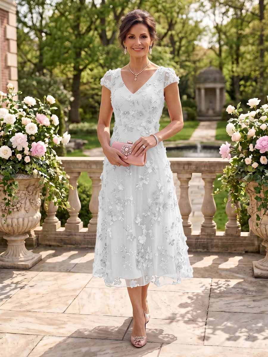 Tea Length V Neck Tulle Cap Sleeves Mother of the Bride/Groom Dresses