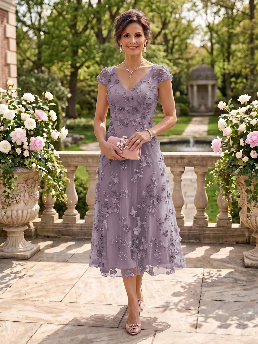 Tea Length V Neck Tulle Cap Sleeves Mother of the Bride/Groom Dresses