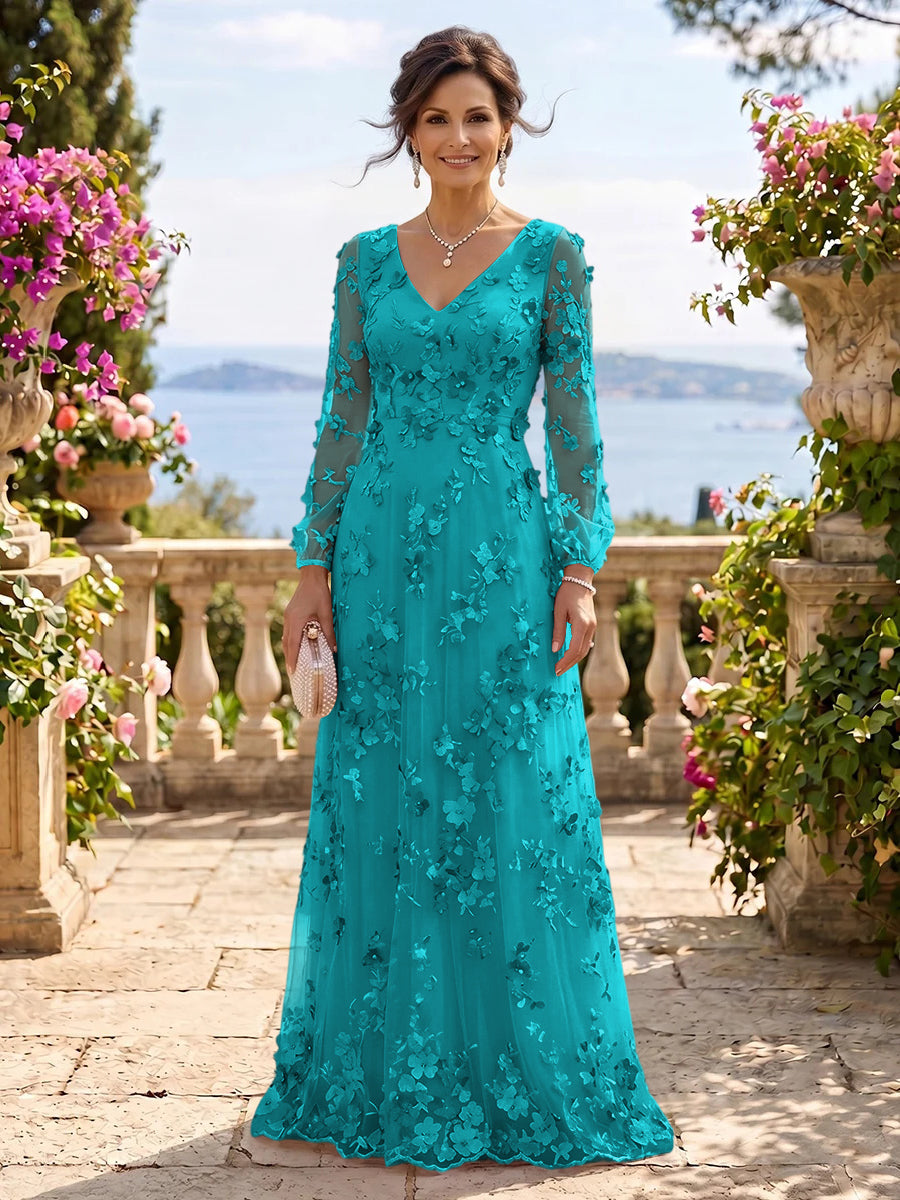 V Neck Tulle Long Sleeves Mother of the Bride/Groom Dresses