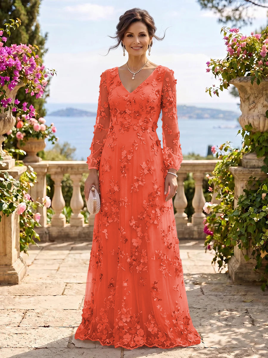 V Neck Tulle Long Sleeves Mother of the Bride/Groom Dresses