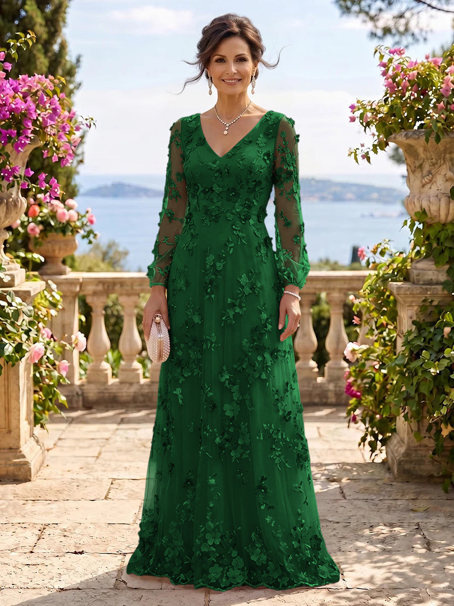 V Neck Tulle Long Sleeves Mother of the Bride/Groom Dresses