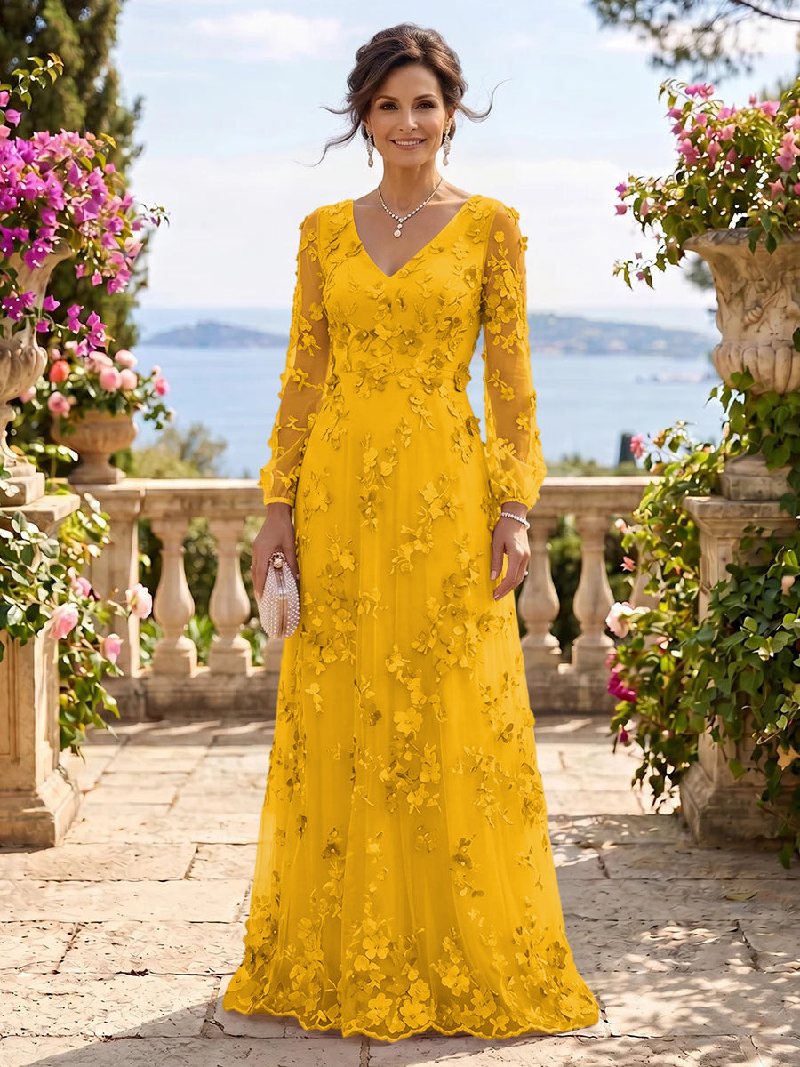 V Neck Tulle Long Sleeves Mother of the Bride/Groom Dresses