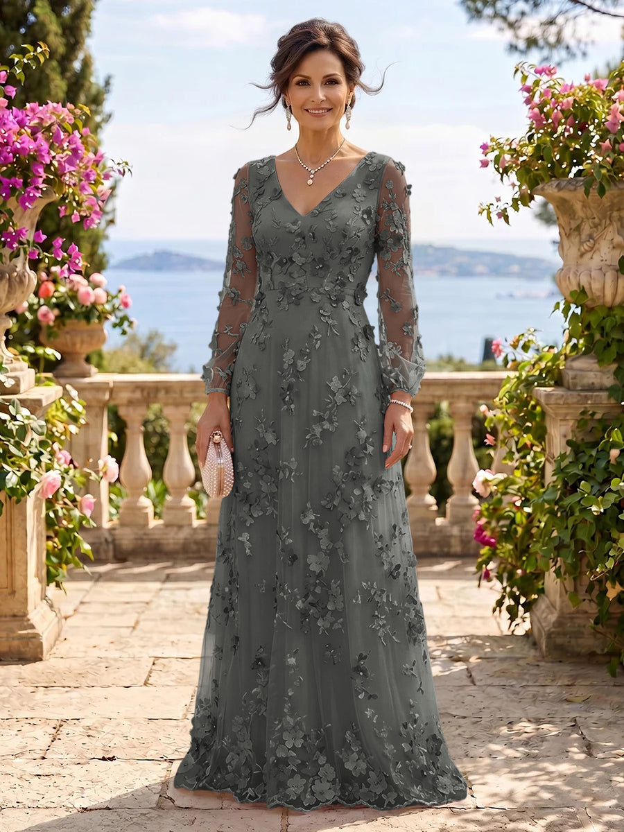 V Neck Tulle Long Sleeves Mother of the Bride/Groom Dresses