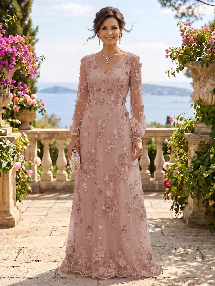 V Neck Tulle Long Sleeves Mother of the Bride/Groom Dresses