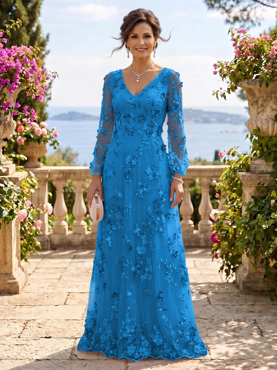 V Neck Tulle Long Sleeves Mother of the Bride/Groom Dresses