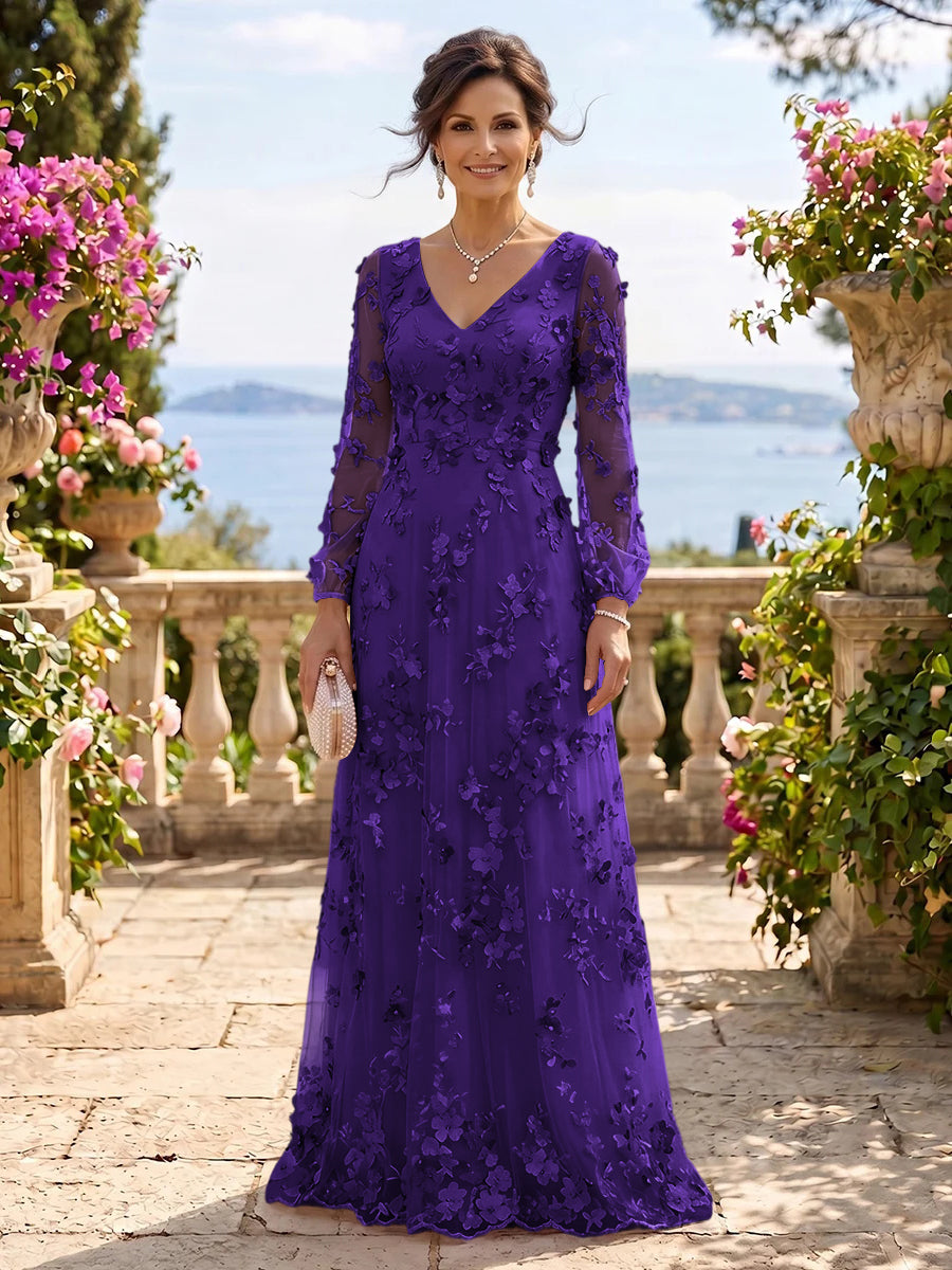 V Neck Tulle Long Sleeves Mother of the Bride/Groom Dresses