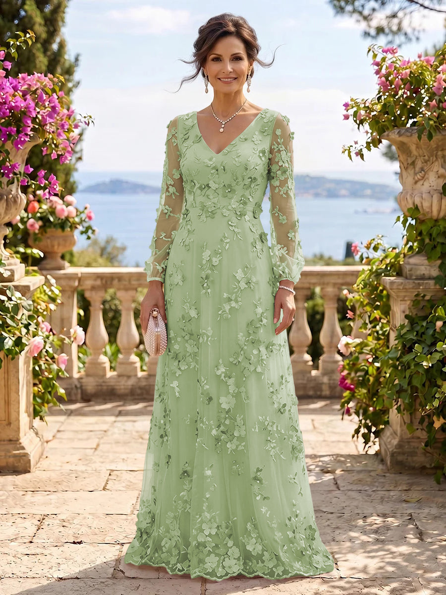 V Neck Tulle Long Sleeves Mother of the Bride/Groom Dresses