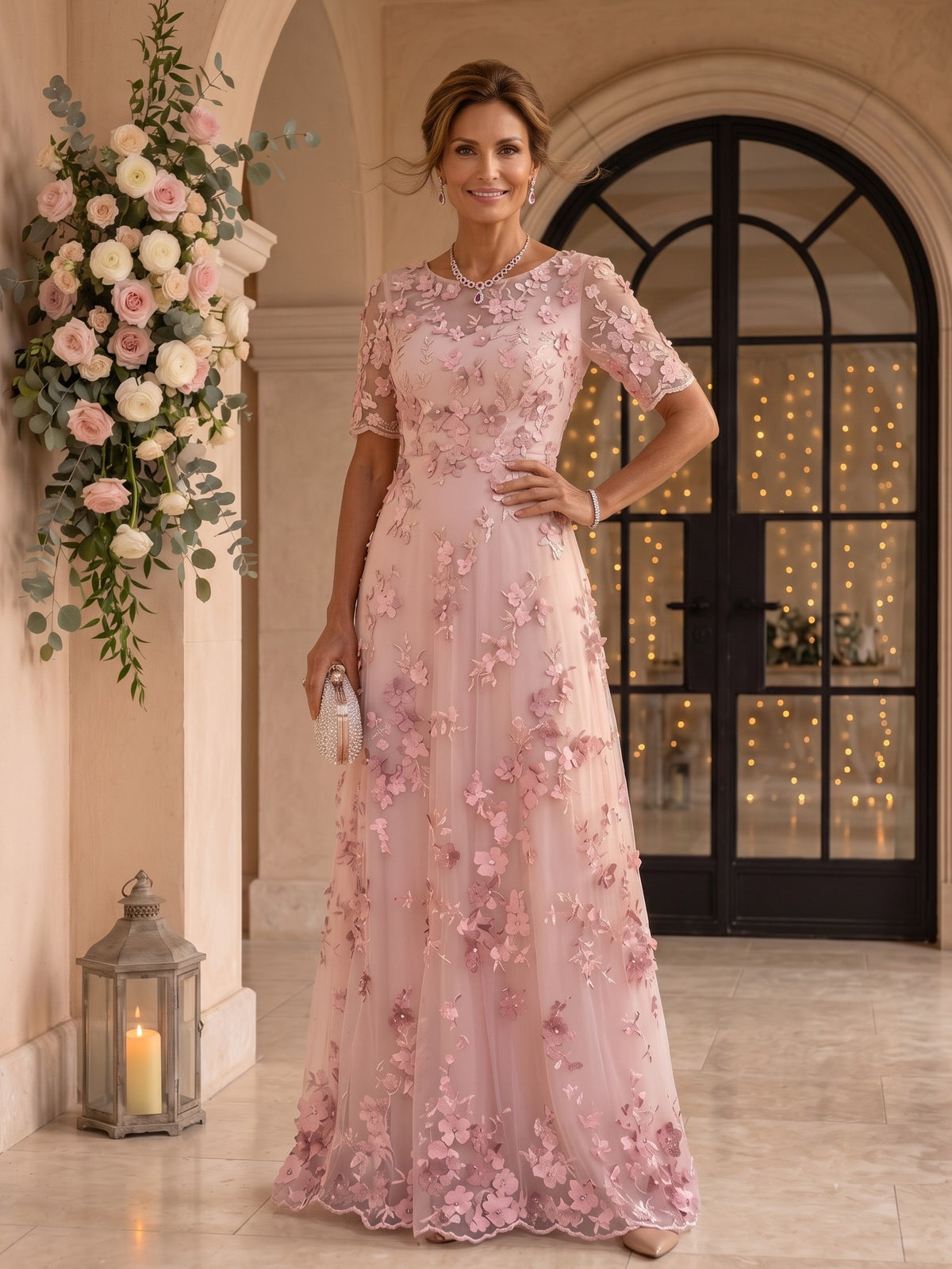 Round Neck Tulle Short Sleeves Long Mother of the Bride/Groom Dresses
