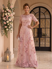 Round Neck Tulle Short Sleeves Long Mother of the Bride/Groom Dresses