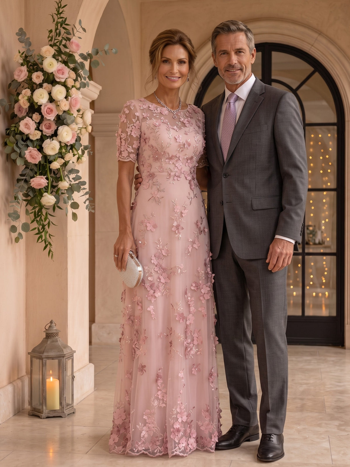 Round Neck Tulle Short Sleeves Long Mother of the Bride/Groom Dresses