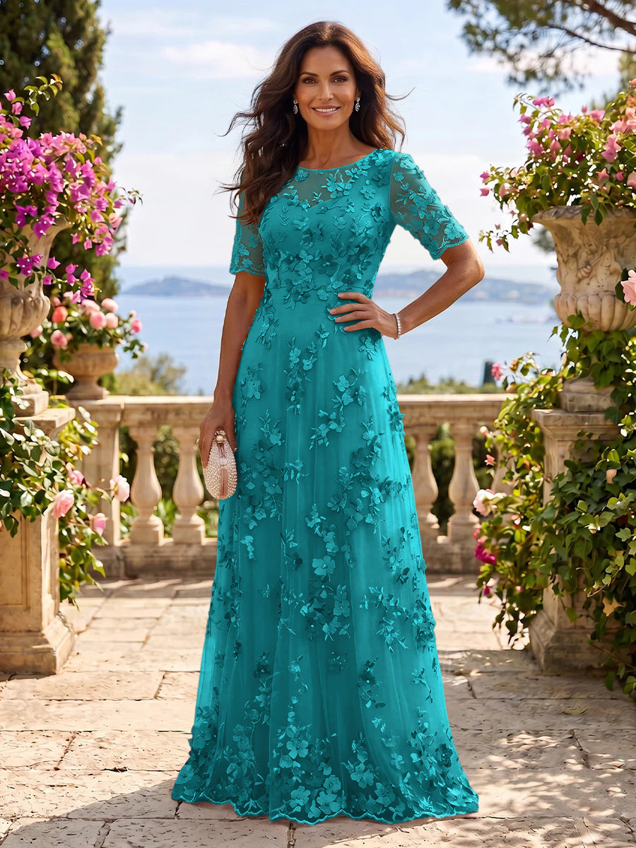 Round Neck Tulle Short Sleeves Long Mother of the Bride/Groom Dresses