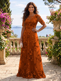Round Neck Tulle Short Sleeves Long Mother of the Bride/Groom Dresses