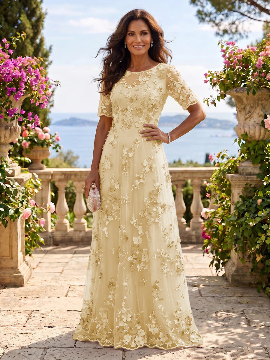 Round Neck Tulle Short Sleeves Long Mother of the Bride/Groom Dresses