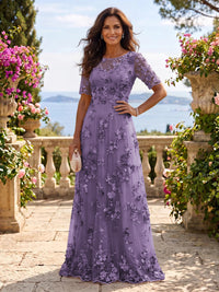 Round Neck Tulle Short Sleeves Long Mother of the Bride/Groom Dresses