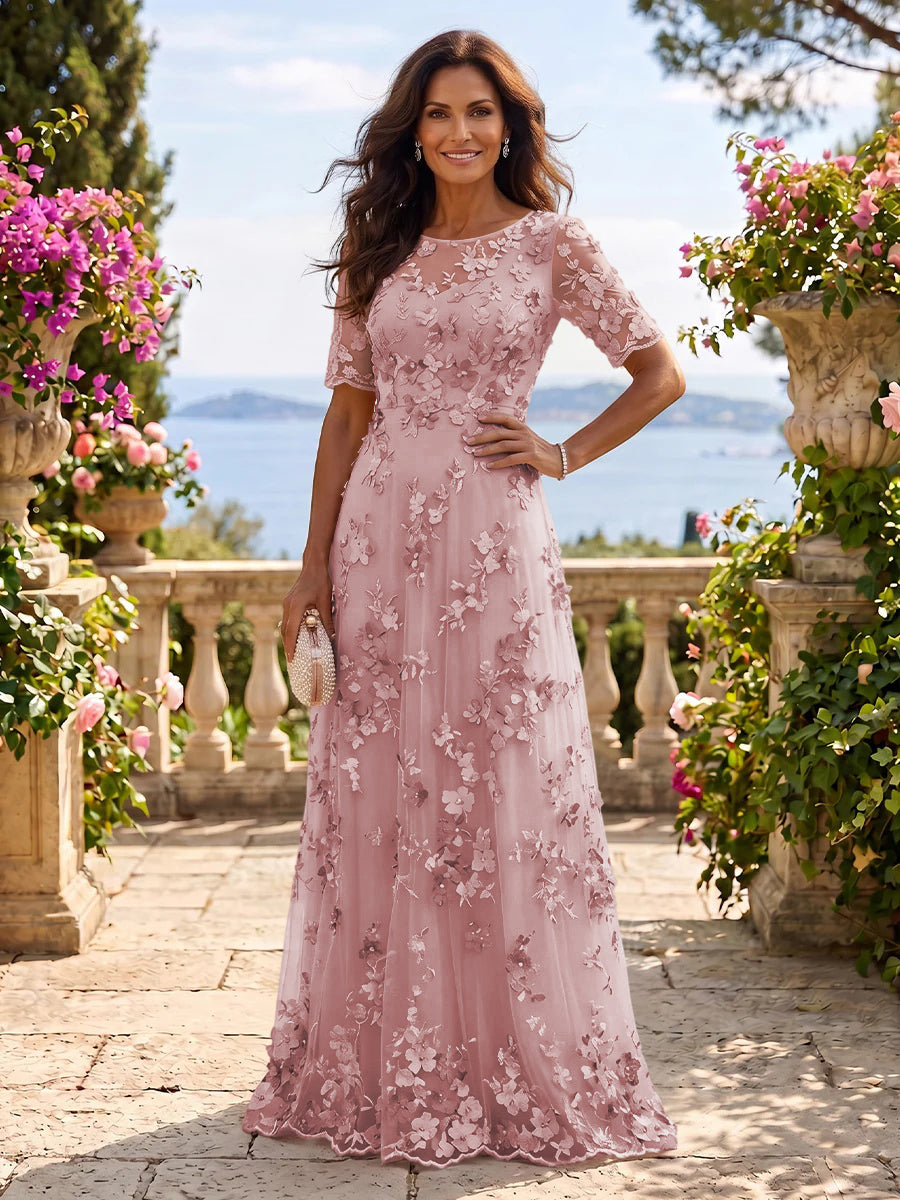Round Neck Tulle Short Sleeves Long Mother of the Bride/Groom Dresses
