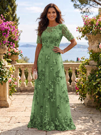 Round Neck Tulle Short Sleeves Long Mother of the Bride/Groom Dresses