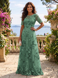 Round Neck Tulle Short Sleeves Long Mother of the Bride/Groom Dresses