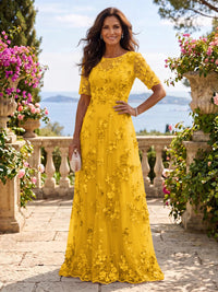 Round Neck Tulle Short Sleeves Long Mother of the Bride/Groom Dresses