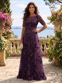 Round Neck Tulle Short Sleeves Long Mother of the Bride/Groom Dresses