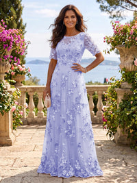 Round Neck Tulle Short Sleeves Long Mother of the Bride/Groom Dresses