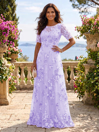 Round Neck Tulle Short Sleeves Long Mother of the Bride/Groom Dresses