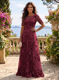 Round Neck Tulle Short Sleeves Long Mother of the Bride/Groom Dresses