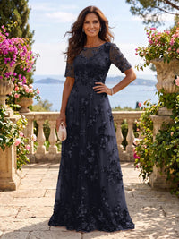 Round Neck Tulle Short Sleeves Long Mother of the Bride/Groom Dresses