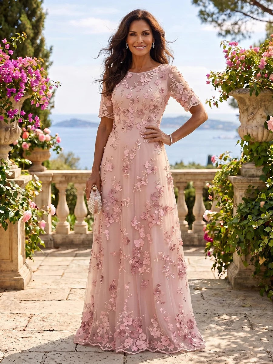 Round Neck Tulle Short Sleeves Long Mother of the Bride/Groom Dresses