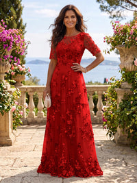 Round Neck Tulle Short Sleeves Long Mother of the Bride/Groom Dresses