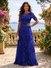 Round Neck Tulle Short Sleeves Long Mother of the Bride/Groom Dresses
