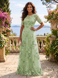 Round Neck Tulle Short Sleeves Long Mother of the Bride/Groom Dresses