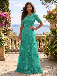 Round Neck Tulle Short Sleeves Long Mother of the Bride/Groom Dresses