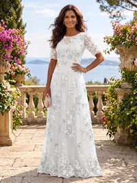 Round Neck Tulle Short Sleeves Long Mother of the Bride/Groom Dresses