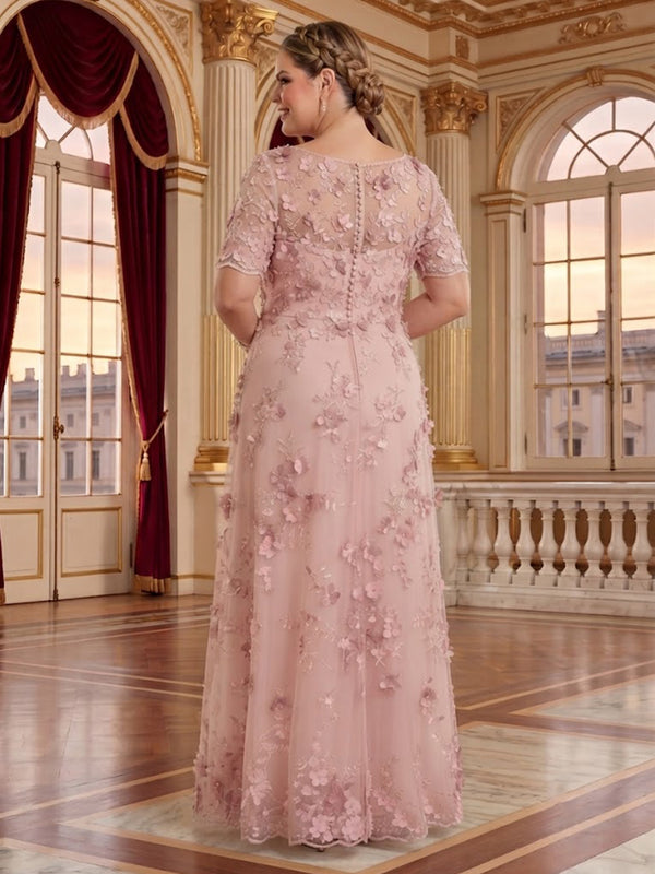 A Line Plus Size Lace Short Sleeves Round Neck Floor Length Mother of the Bride/Groom Dresses