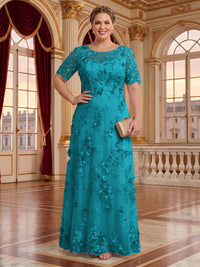 A Line Plus Size Lace Short Sleeves Round Neck Floor Length Mother of the Bride/Groom Dresses