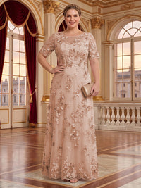 A Line Plus Size Lace Short Sleeves Round Neck Floor Length Mother of the Bride/Groom Dresses