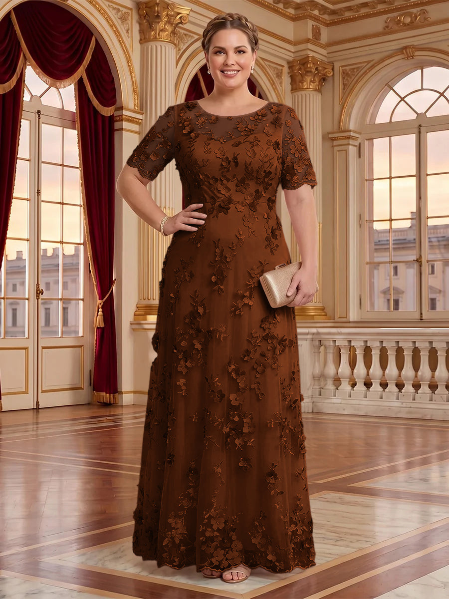 A Line Plus Size Lace Short Sleeves Round Neck Floor Length Mother of the Bride/Groom Dresses