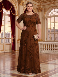 A Line Plus Size Lace Short Sleeves Round Neck Floor Length Mother of the Bride/Groom Dresses