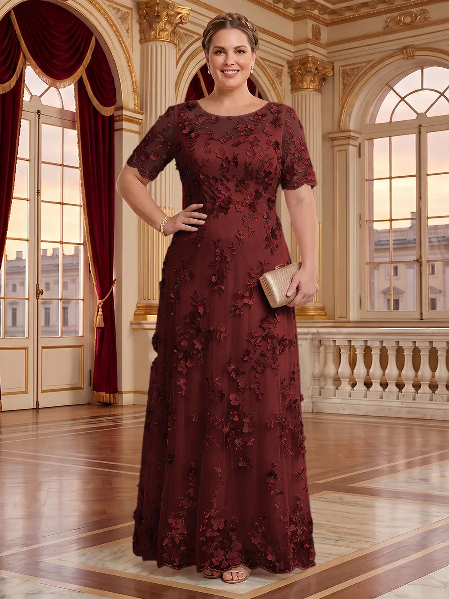 A Line Plus Size Lace Short Sleeves Round Neck Floor Length Mother of the Bride/Groom Dresses